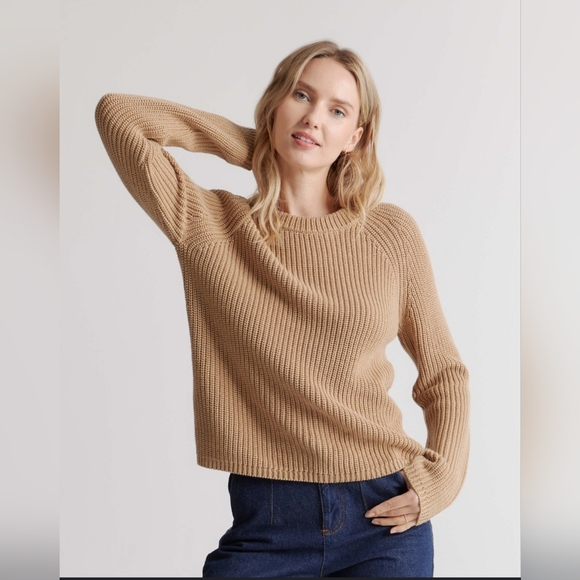 NWT Quince 100% Organic Cotton Fisherman Crew Sweater Size Medium in Camel - Picture 1 of 8